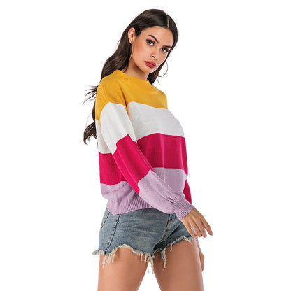 LOVECCR popular autumn and winter, 2025 , New Popular trade  knitted sweater fashion color matching long-sleeved pullover sweater women