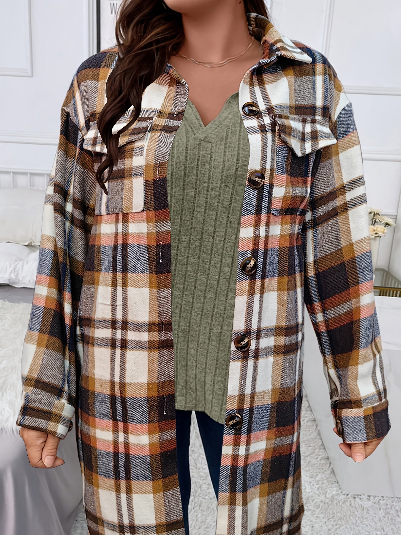 Cozy Plaid Brushed Jacket - Casual Long Sleeve Mid-length Loose Fit Women's Outerwear for Everyday Wear - Soft, Warm, and Stylish