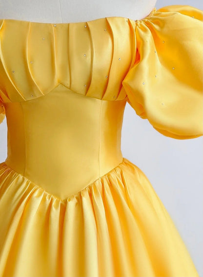 LOVECCRYellow Satin Short Sleeves Party Dress, Yellow Satin Prom Dress Formal Dress
