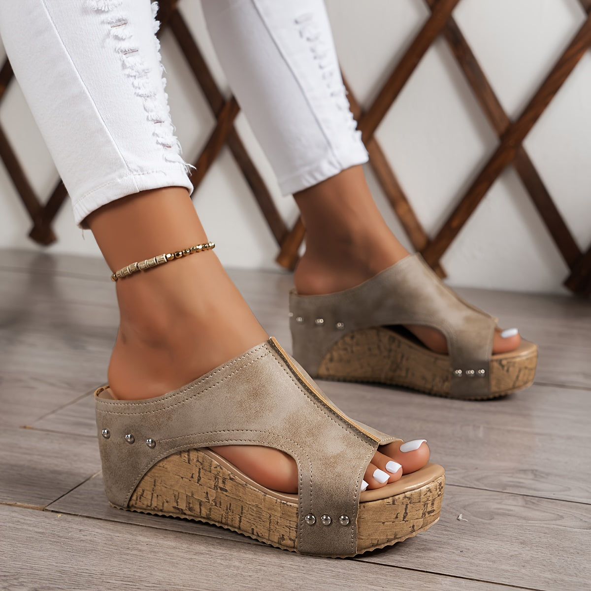 Womens Solid Hue Platform Sandals - Effortless Slip-On, Soft Sole Comfort, Glamorous Studded Decor, Breathable Side Cut Outs, Height-Boosting Wedge - Perfect for Summer