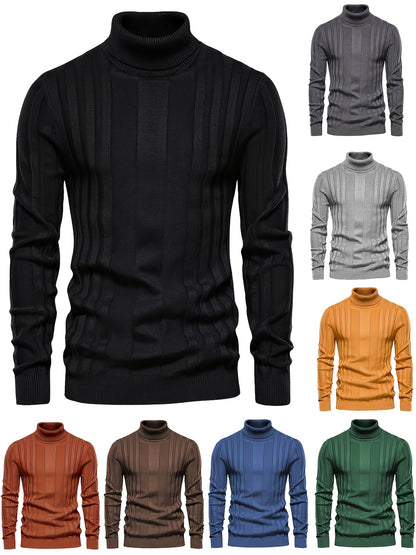 Cozy High Neck Knitted Sweater - Soft High Stretch Polyester Fabric, Long Sleeve, Regular Fit, Machine Washable, Solid Color Pullover for Men - Perfect for Spring and Fall Seasons