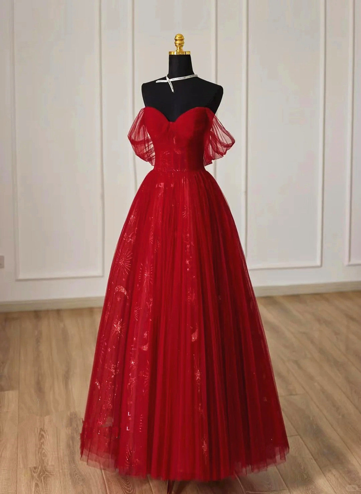 LOVECCRLovely Wine Red Tulle Sweetheart Off Shoulder Prom Dress, Wine Red Long Party Dress