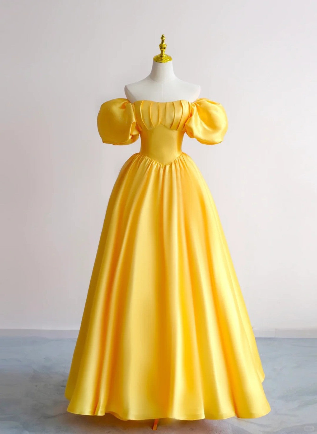 LOVECCRYellow Satin Short Sleeves Party Dress, Yellow Satin Prom Dress Formal Dress