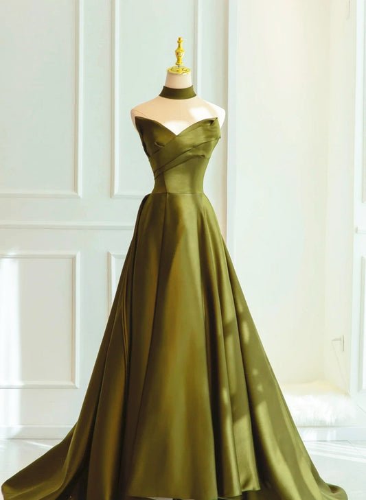 LOVECCRGreen Satin Sweetheart Long A-line Prom Dress Evening Dress, Green Formal Dress