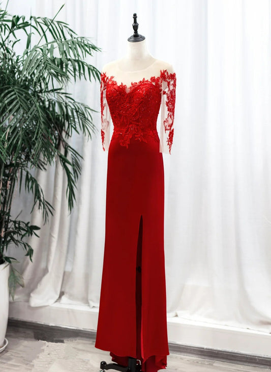 LOVECCRRed Satin with Lace Round Neckline Party Dress, Red Satin Evening Dress
