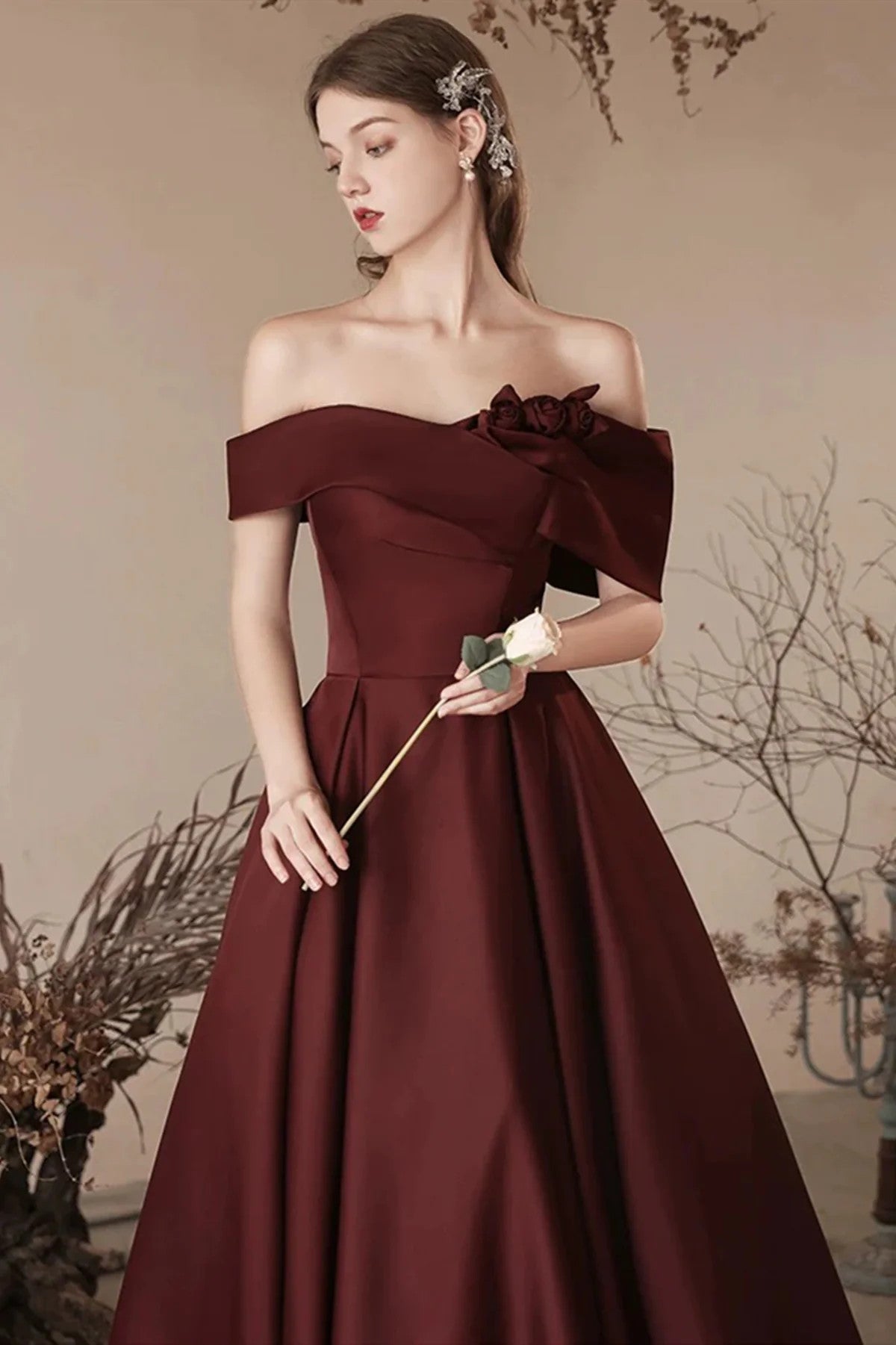 LOVECCRLovely Burgundy Satin Off Shoulder Party Dress, Satin Simple Long Prom Dress