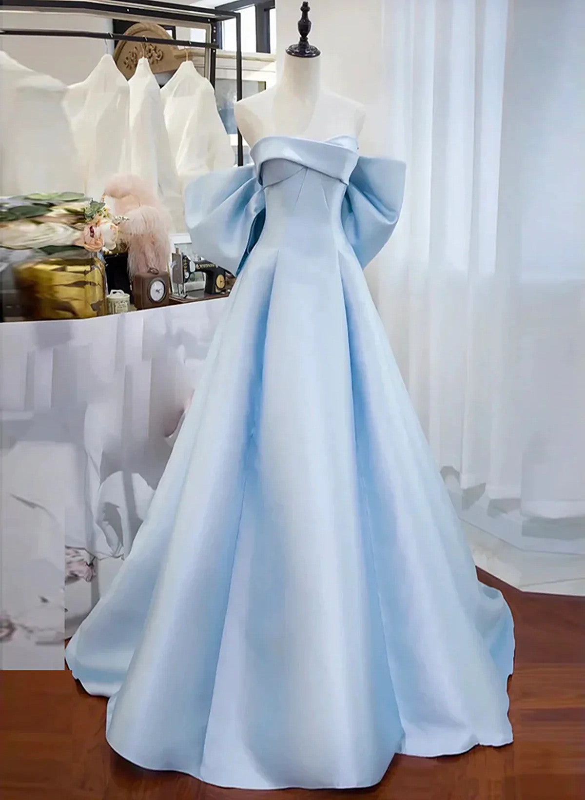 LOVECCRLight Blue Satin Sweetheart Off Shoulder Prom Dress, Light Blue Evening Dress