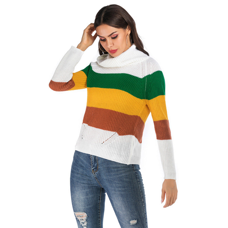 LOVECCR popular autumn and winter pullover women's clothing contrasting color loose sweater 2025 turtleneck striped long-sleeved bottomed knitted sweater women's wholesale