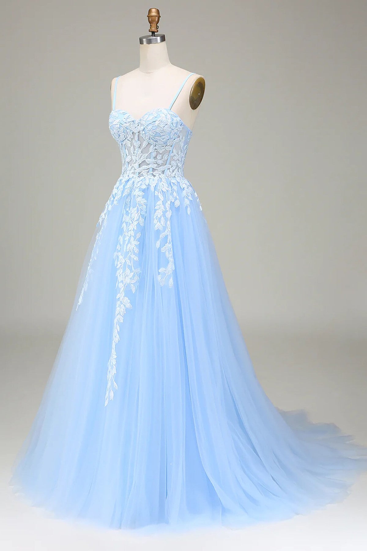 LOVECCRLight Blue Tulle A-line Prom Dress Party Dress with Lace, Light Blue Prom Dress