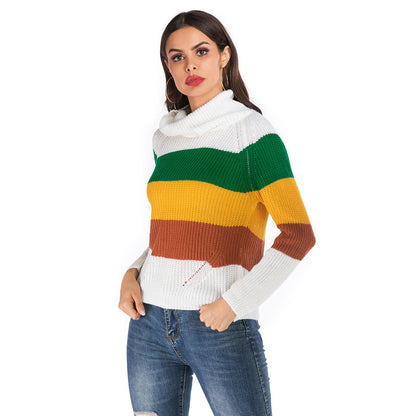 LOVECCR popular autumn and winter pullover women's clothing contrasting color loose sweater 2025 turtleneck striped long-sleeved bottomed knitted sweater women's wholesale