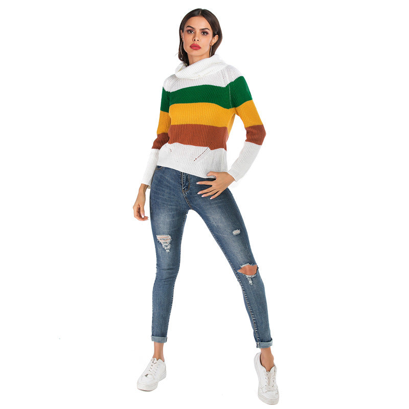 LOVECCR popular autumn and winter pullover women's clothing contrasting color loose sweater 2025 turtleneck striped long-sleeved bottomed knitted sweater women's wholesale