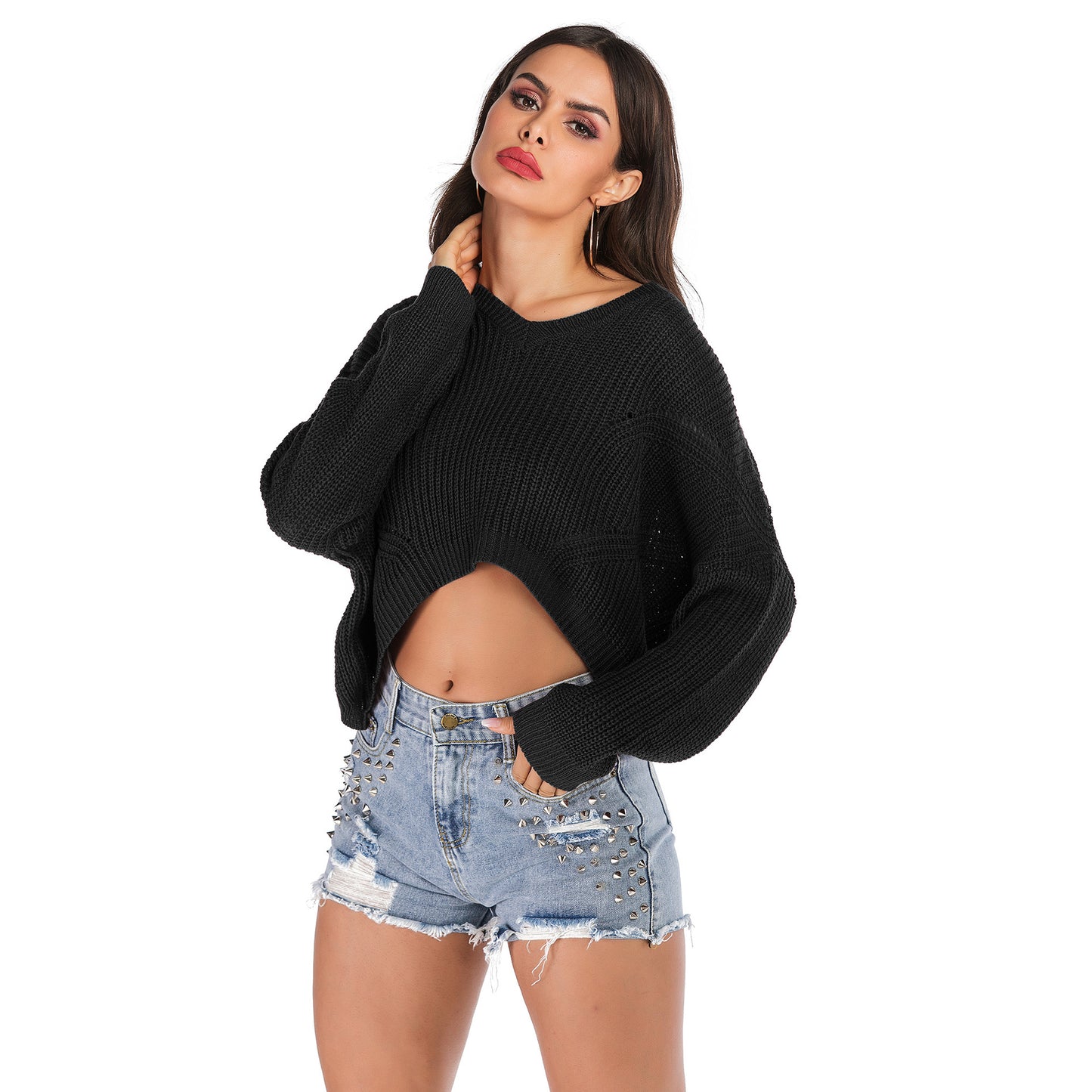 LOVECCR  Popular trade popular autumn and winter ,  and  irregular V-neck pullover short navel knitted sweater women