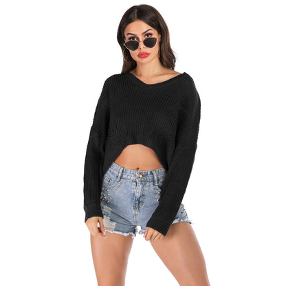 LOVECCR  Popular trade popular autumn and winter ,  and  irregular V-neck pullover short navel knitted sweater women