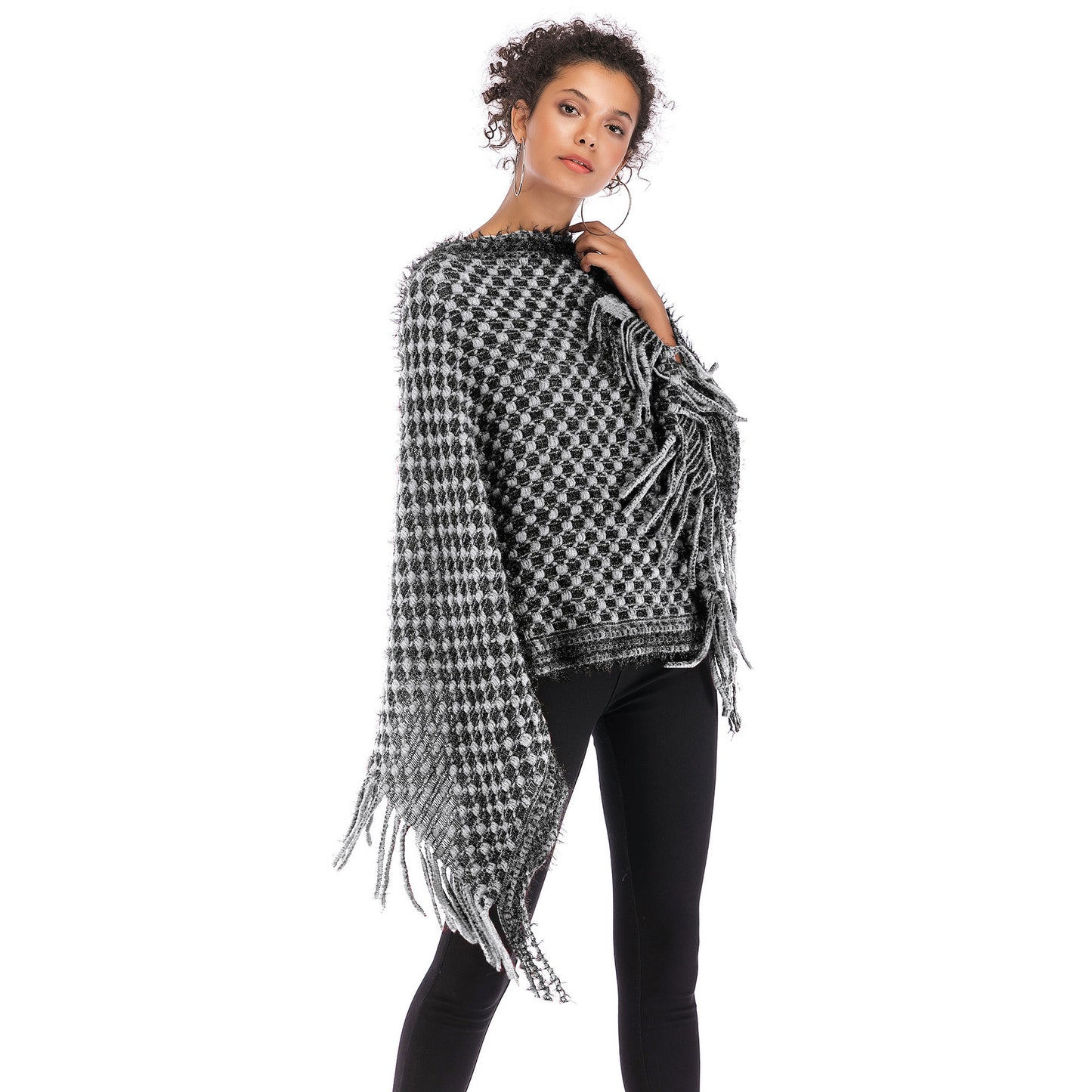 LOVECCR  2025 women's clothing cape jacket plaid knitted sweater loose lazy pullover fringed sweater shawl women's autumn and winter