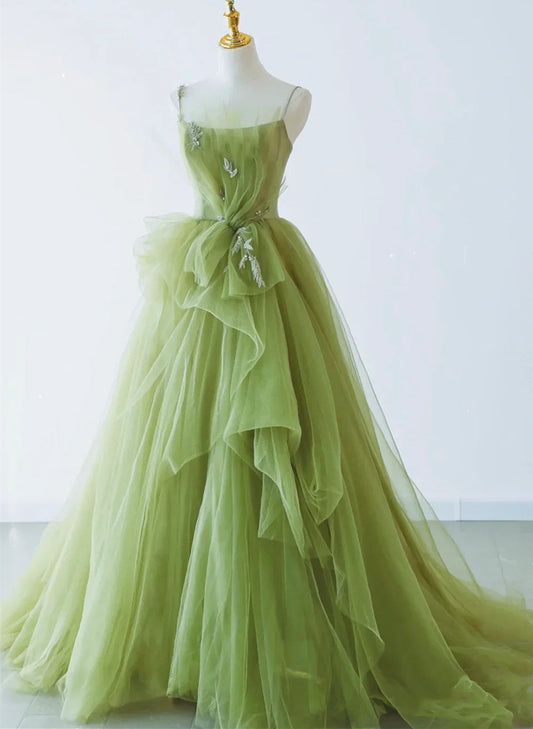 LOVECCRGreen Tulle Straps Long Formal Dress, Green Tulle Evening Dress Party Dress