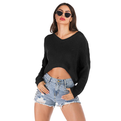 LOVECCR  Popular trade popular autumn and winter ,  and  irregular V-neck pullover short navel knitted sweater women