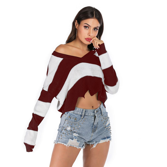 LOVECCR  women's popular autumn and winter sweater women's 2025 wavy edge V-neck striped short open-navel loose knitted sweater