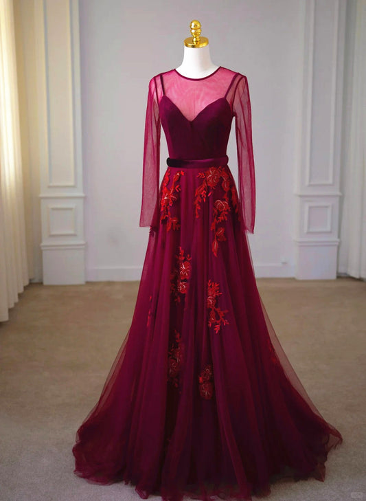 LOVECCRA-line Wine Red Velvet and Tulle Long Party Dress, Wine Red Evening Dress Prom Dress