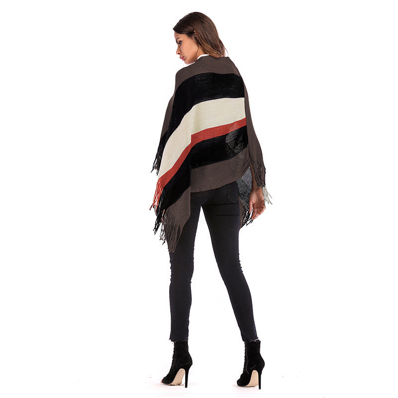 LOVECCR Contrasting color striped knitted sweater women's clothing popular new fashion versatile irregular fringed loose pullover shawl