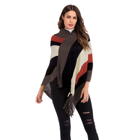 LOVECCR Contrasting color striped knitted sweater women's clothing popular new fashion versatile irregular fringed loose pullover shawl