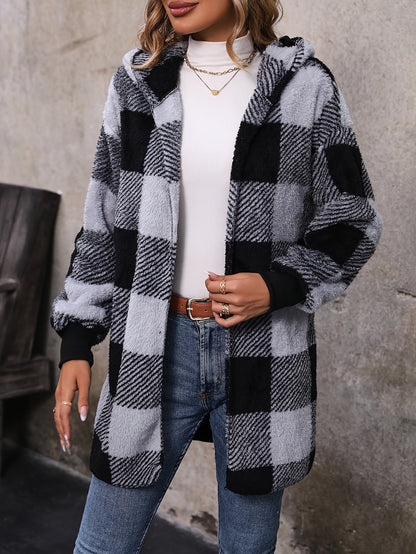 Women's Cozy Plaid Teddy Fleece Coat – Thermal Hooded Open Front – Versatile Casual Outerwear for Cooler Seasons