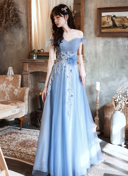 LOVECCRA-line Blue Off Shoulder with Lace Long Evening Dress, Blue Long Prom Dress