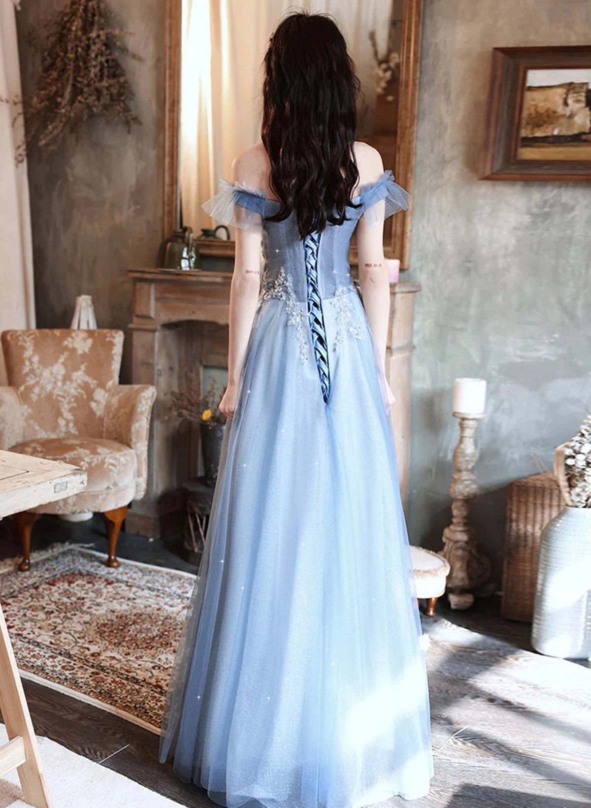 LOVECCRA-line Blue Off Shoulder with Lace Long Evening Dress, Blue Long Prom Dress