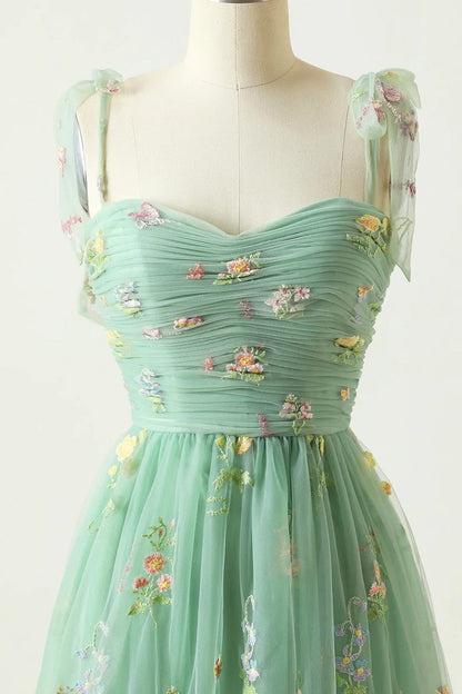 LOVECCRA-line Green Straps Sweetheart Floral Tulle Prom Dress, Green Tulle Evening Dress
