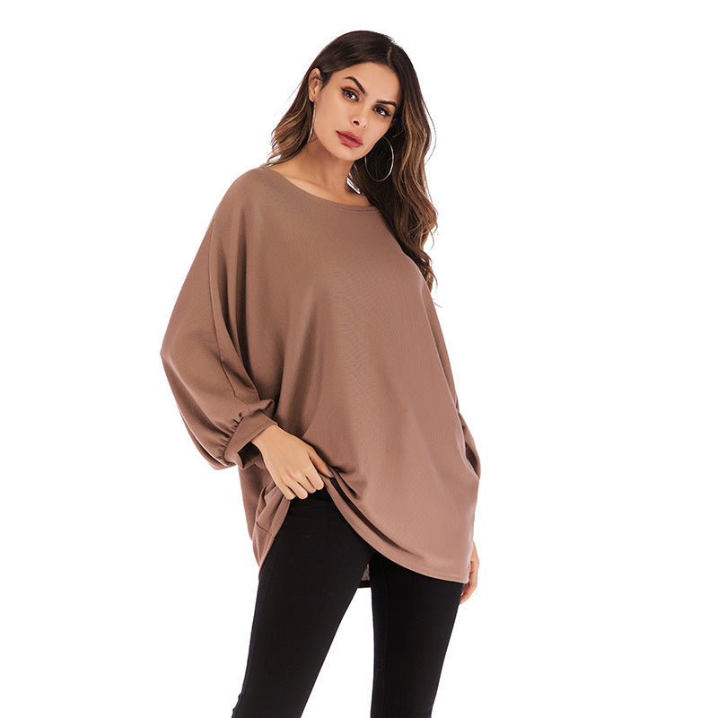 LOVECCR 2025 New autumn round neck thin solid color long-sleeved top women's knitted sweater bat sleeve loose pullover women's clothing