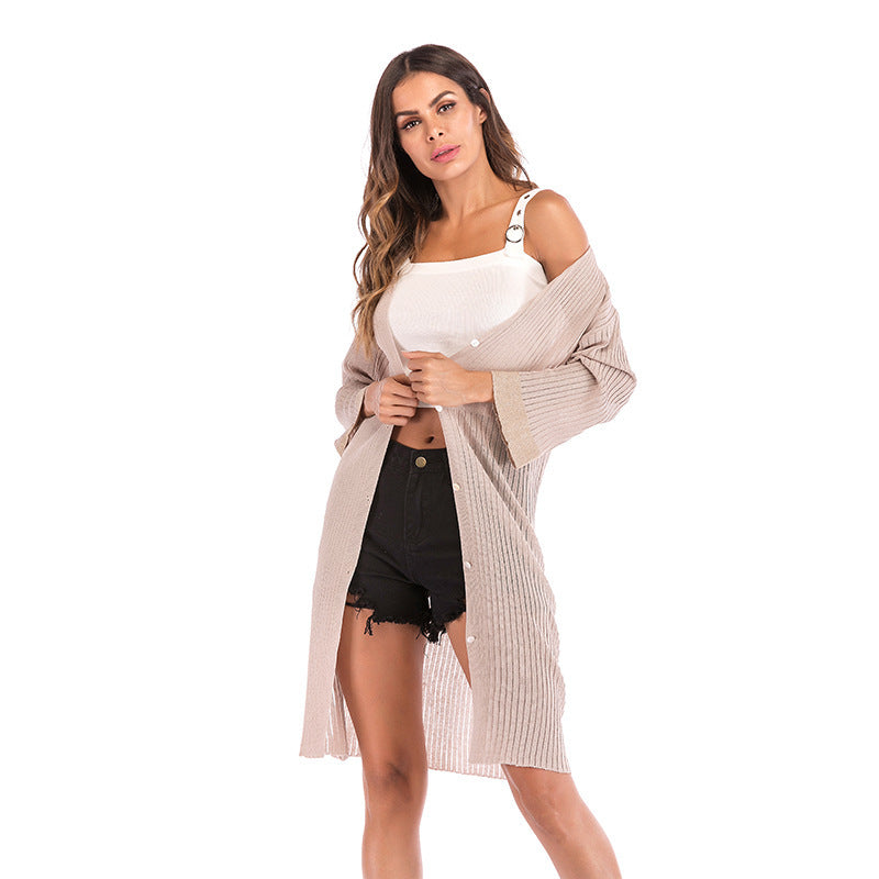 LOVECCR Europe and the United States  Hot autumn and winter knitted sweater medium and long outer wear single-breasted cardigan casual sweater jacket women's clothing