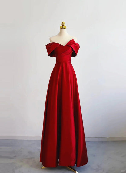 LOVECCRRed Satin Off Shoulder Sweetheart Long Party Dress, Red Satin Prom Dress