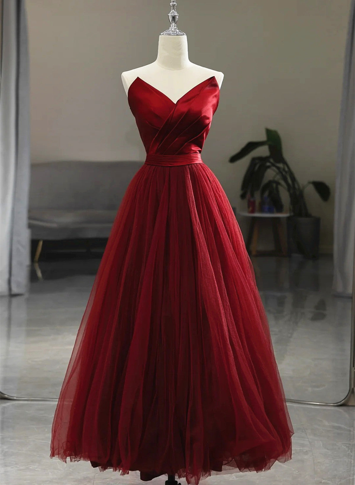 LOVECCRWine Red Tea Length Tulle V-neckline Prom Dress, Wine Red Tulle Party Dress