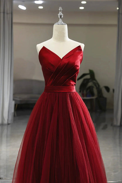 LOVECCRWine Red Tea Length Tulle V-neckline Prom Dress, Wine Red Tulle Party Dress