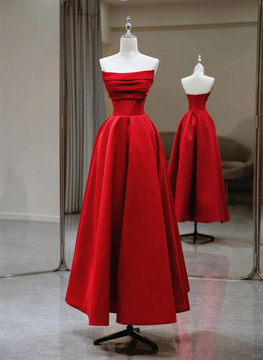 LOVECCRRed A-line Satin Scoop Long Prom Dress Party Dress, Red Satin Evening Dress