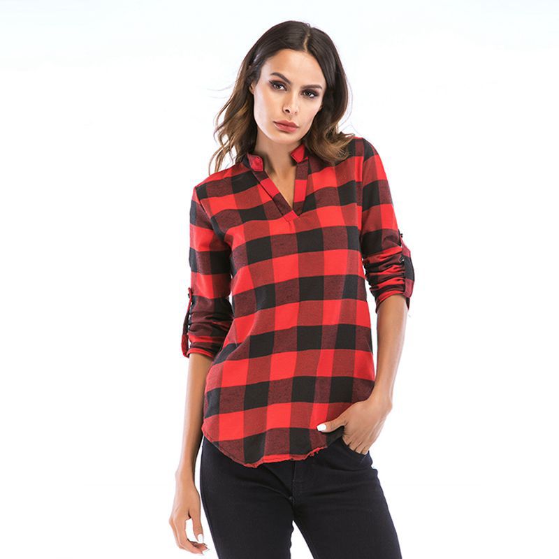 LOVECCR Pass autumn women's clothing new plaid shirt women's long-sleeved Popular trade 2025 small V-neck shirt slim top women's wholesale