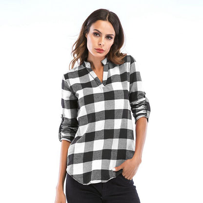 LOVECCR Pass autumn women's clothing new plaid shirt women's long-sleeved Popular trade 2025 small V-neck shirt slim top women's wholesale