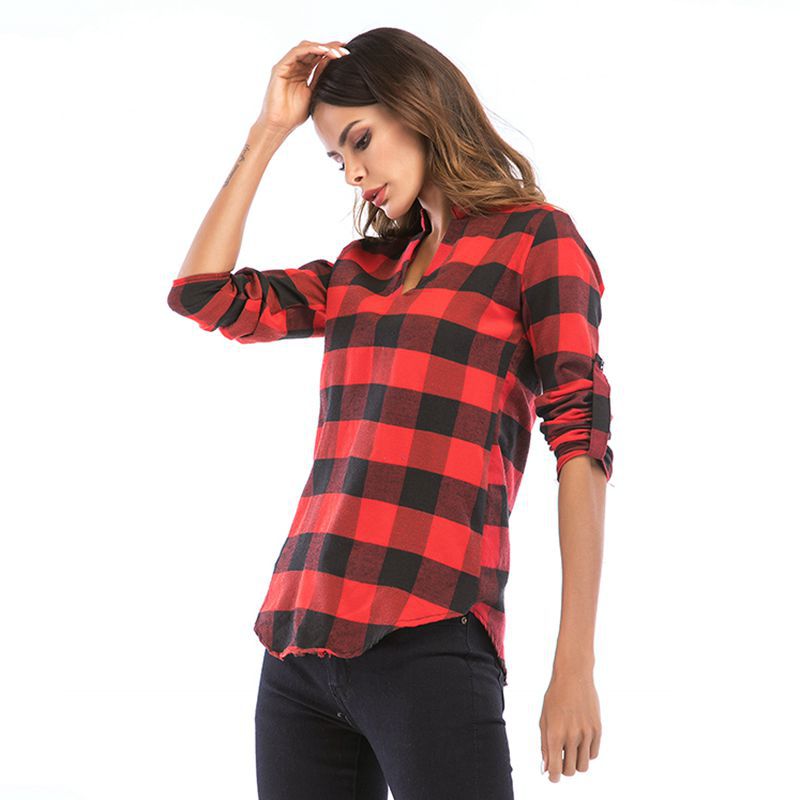 LOVECCR Pass autumn women's clothing new plaid shirt women's long-sleeved Popular trade 2025 small V-neck shirt slim top women's wholesale