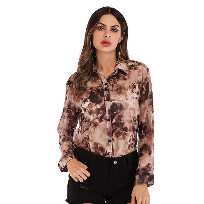 LOVECCR 2025 New Popular trade fashion printed chiffon shirt single-breasted long-sleeved contrasting dad flower top shirt jacket