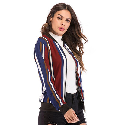 LOVECCR loose jacket women's new European, American autumn and winter large size color matching vertical striped baseball jacket zipper cardigan