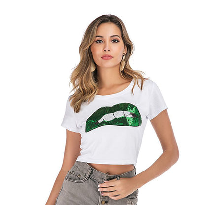 LOVECCR Popular trade New ins 2025 short T-shirt women's popular summer fashion lip embroidered slim top