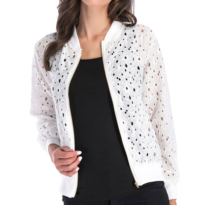 LOVECCR Hot autumn new lace hook-up hollow blouse zipper cardigan, long-sleeved jacket women