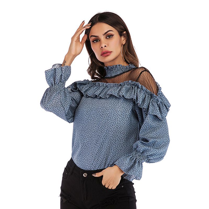 LOVECCR New South East Asia women's spring new pleated mesh splicing ruffle edge polka dot chiffon shirt top