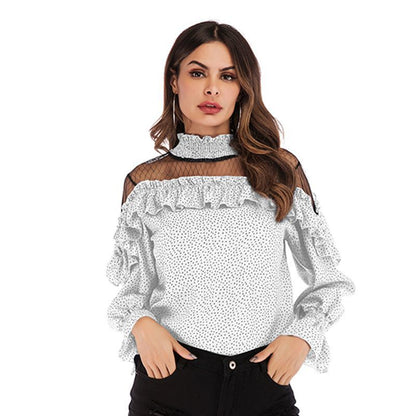 LOVECCR New South East Asia women's spring new pleated mesh splicing ruffle edge polka dot chiffon shirt top