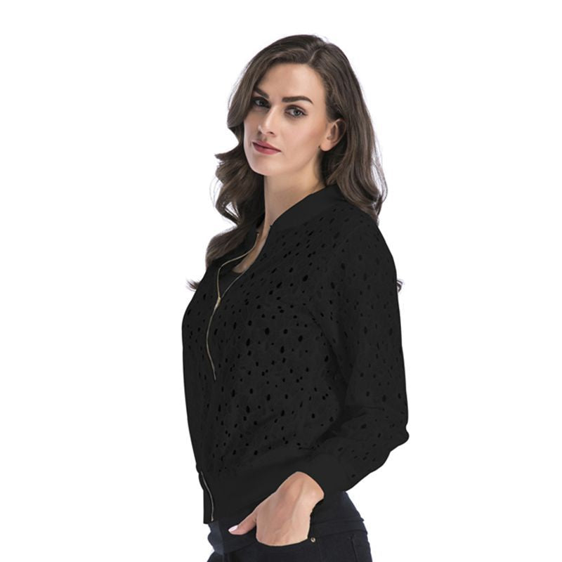 LOVECCR Hot autumn new lace hook-up hollow blouse zipper cardigan, long-sleeved jacket women