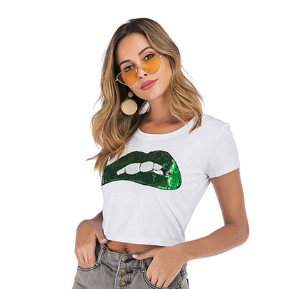 LOVECCR Popular trade New ins 2025 short T-shirt women's popular summer fashion lip embroidered slim top