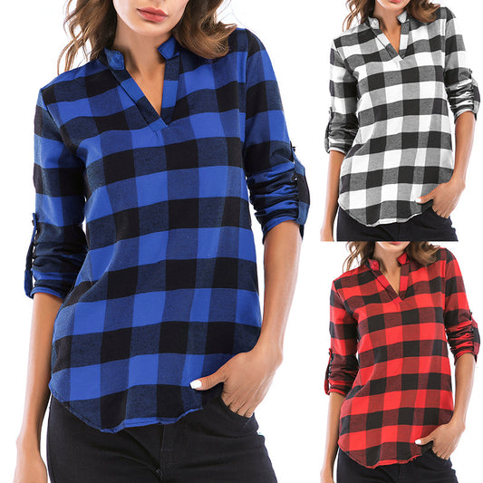 LOVECCR Pass autumn women's clothing new plaid shirt women's long-sleeved Popular trade 2025 small V-neck shirt slim top women's wholesale