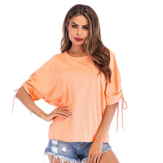 LOVECCR popular Popular, 2025,  Cross-border Hot Trade Summer Women's Clothing Short Sleeve Solid Color Crew Neck Lace-Up T-Shirt Women's Top