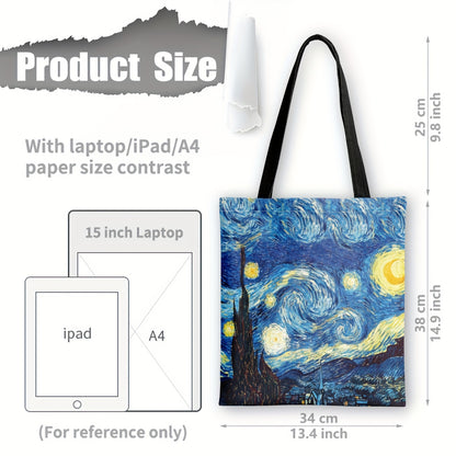 Starry Night Canvas Tote Bag, Large Capacity & Lightweight, Reusable Grocery Shopping Bag With Shoulder Strap