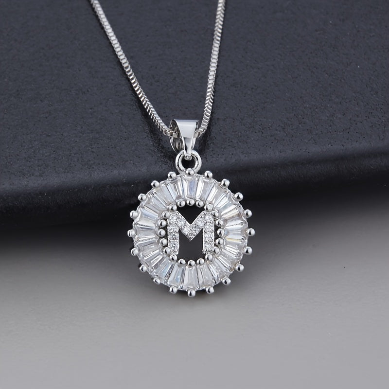 Silver Color Round Small 26 Letters Pendant Necklace Inlaid Zircon Women's Elegant Jewelry Gift