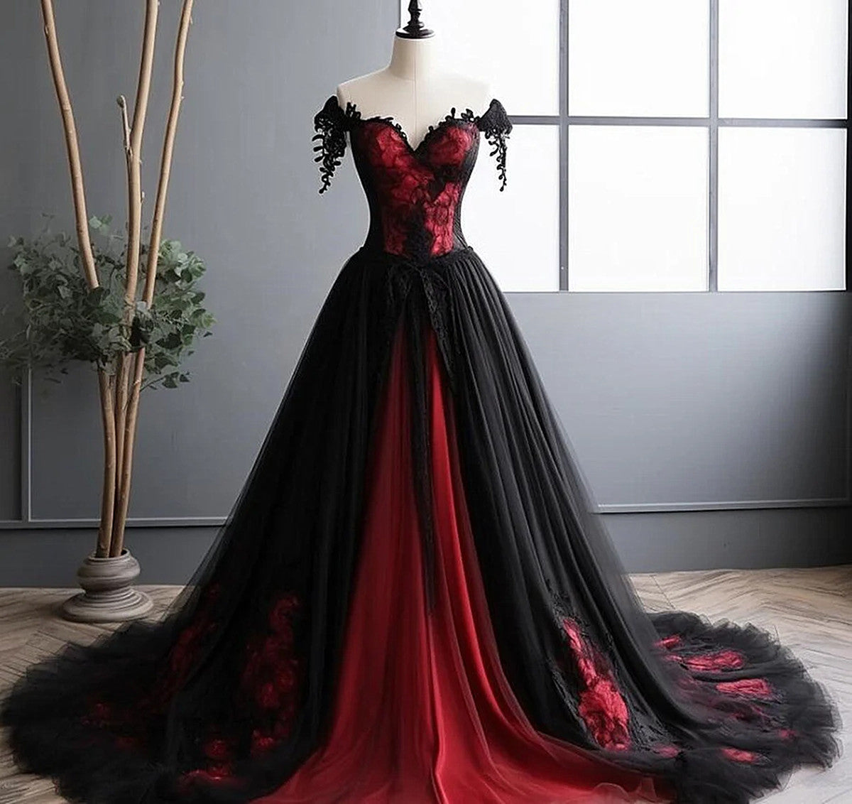 LOVECCRBlack and Red Lace Tulle Off Shoulder Prom Dress, Black and Red Formal Dress